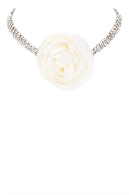 Satin Flower Rhinestone Choker Necklace